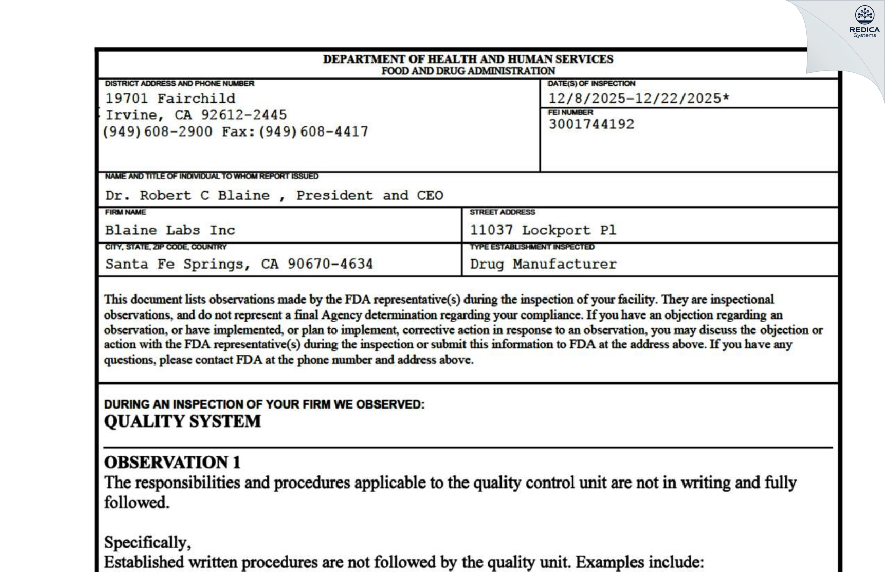 FDA 483 - Blaine Labs Inc. [Santa Fe Springs / United States of America] - Download PDF - Redica Systems