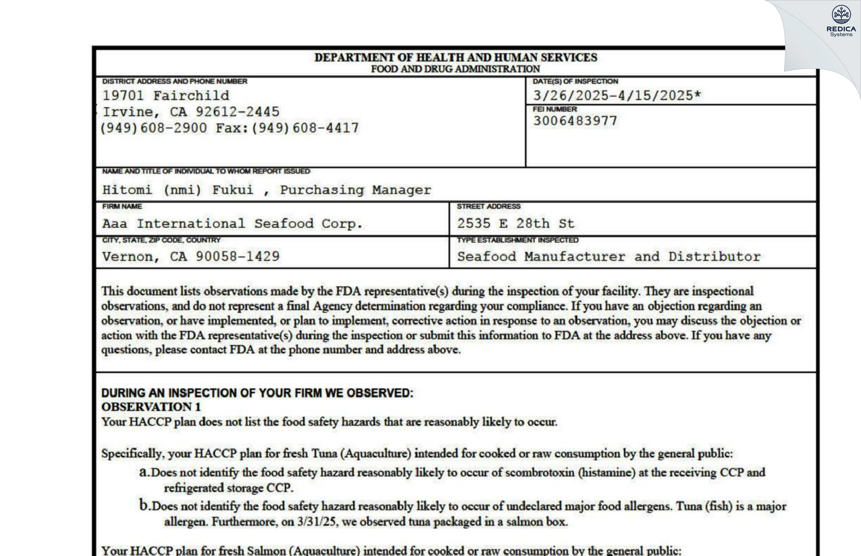 FDA 483 - Aaa International Seafood Corp. [Vernon / United States of America] - Download PDF - Redica Systems