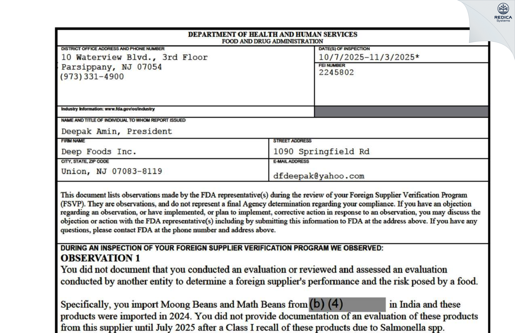 FDA 483 - Deep Foods Inc [Union / United States of America] - Download PDF - Redica Systems