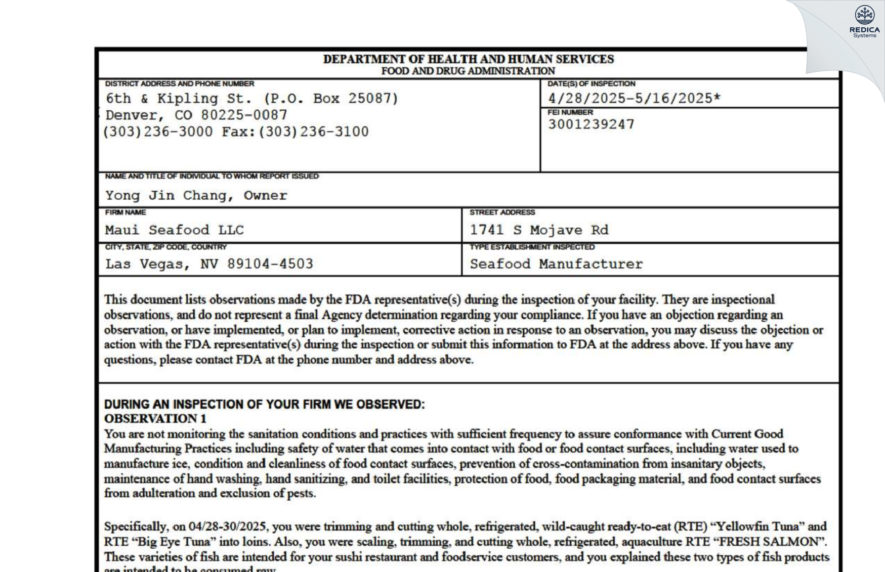 FDA 483 - Maui Seafood, LLC [Las Vegas / United States of America] - Download PDF - Redica Systems