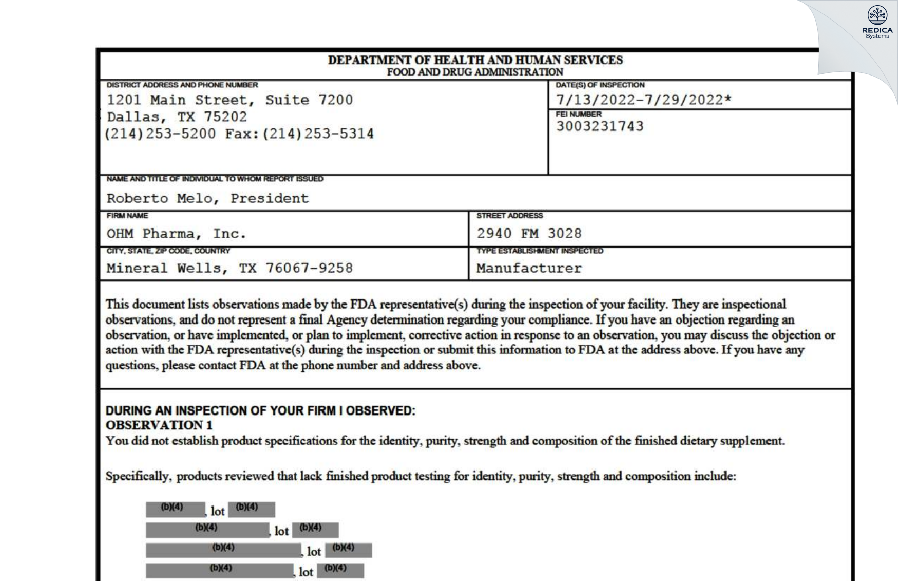 FDA 483 - OHM PHARMA INC. [Mineral Wells / United States of America] - Download PDF - Redica Systems