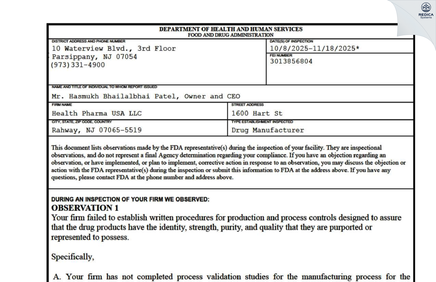 FDA 483 - Health Pharma USA LLC [Rahway / United States of America] - Download PDF - Redica Systems