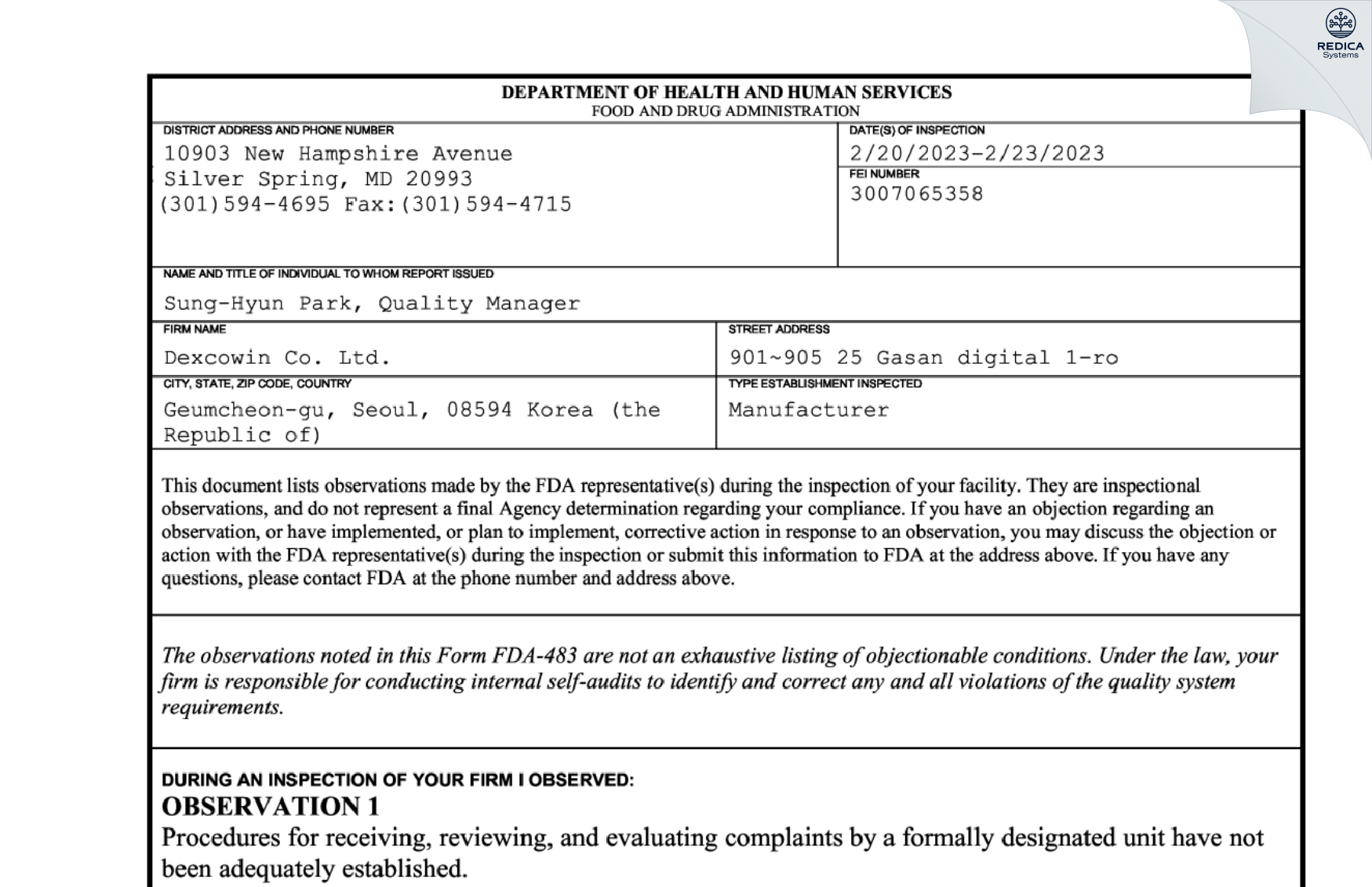FDA 483 - Dexcowin Co. Ltd. [- / Korea (Republic of)] - Download PDF - Redica Systems