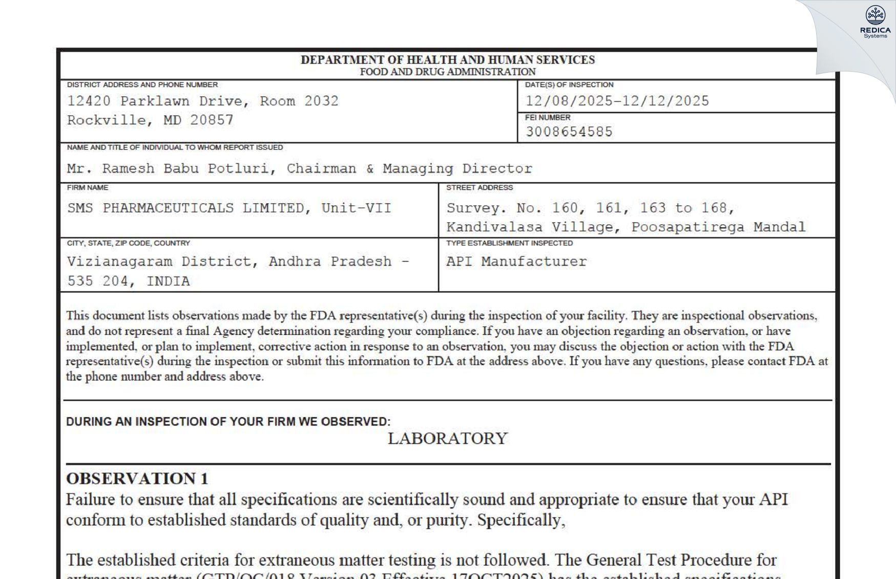 FDA 483 - SMS Pharmaceuticals Limited [Poosapatirega / India] - Download PDF - Redica Systems