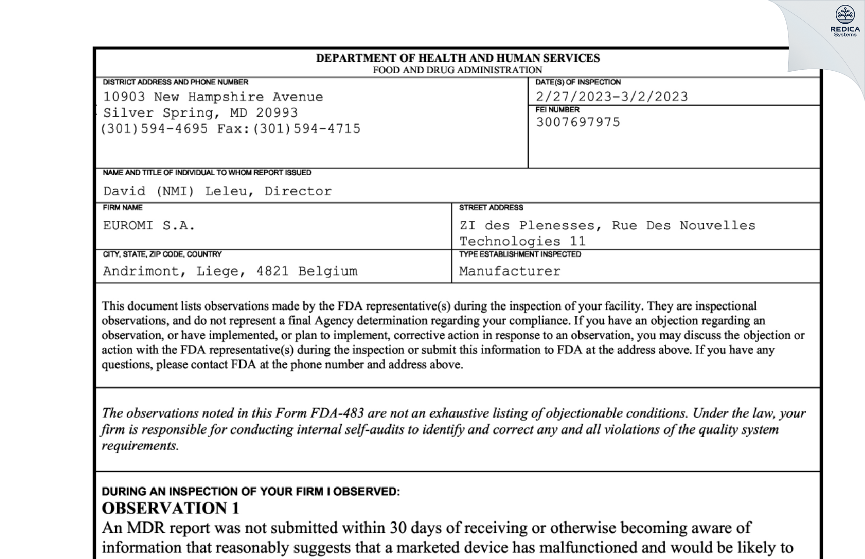 FDA 483 - EUROMI S.A. [Dison / Belgium] - Download PDF - Redica Systems