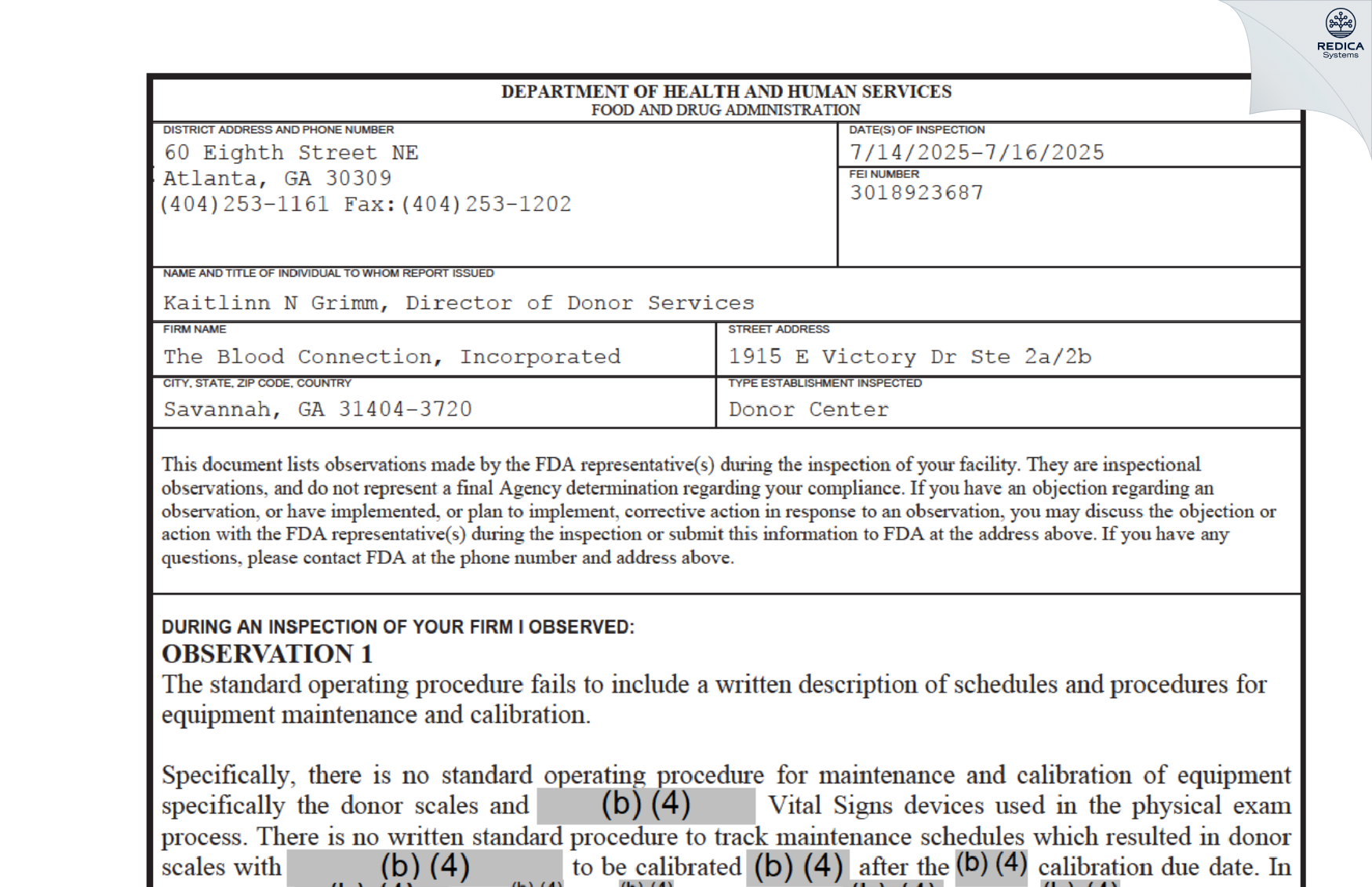 FDA 483 - The Blood Connection, Incorporated [Savannah / United States of America] - Download PDF - Redica Systems