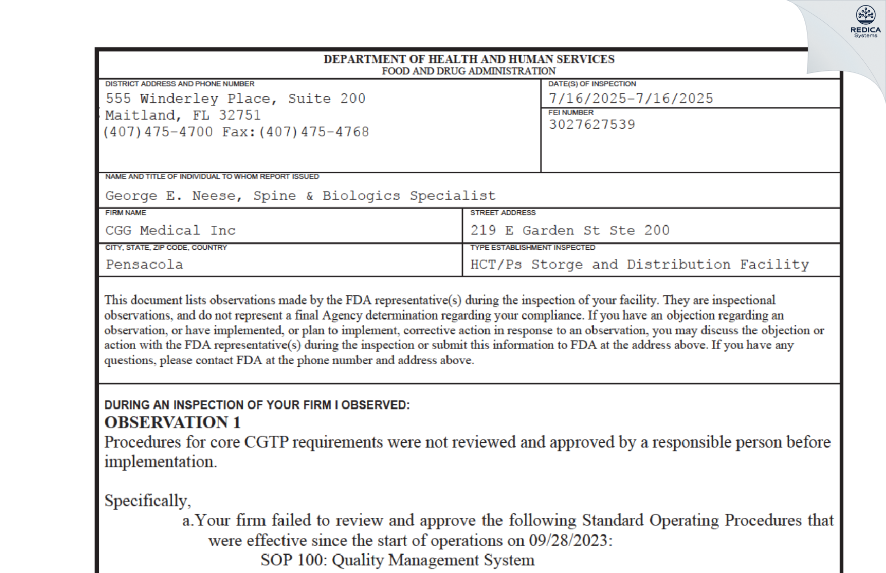 FDA 483 - CGG Medical Inc [Pensacola / United States of America] - Download PDF - Redica Systems