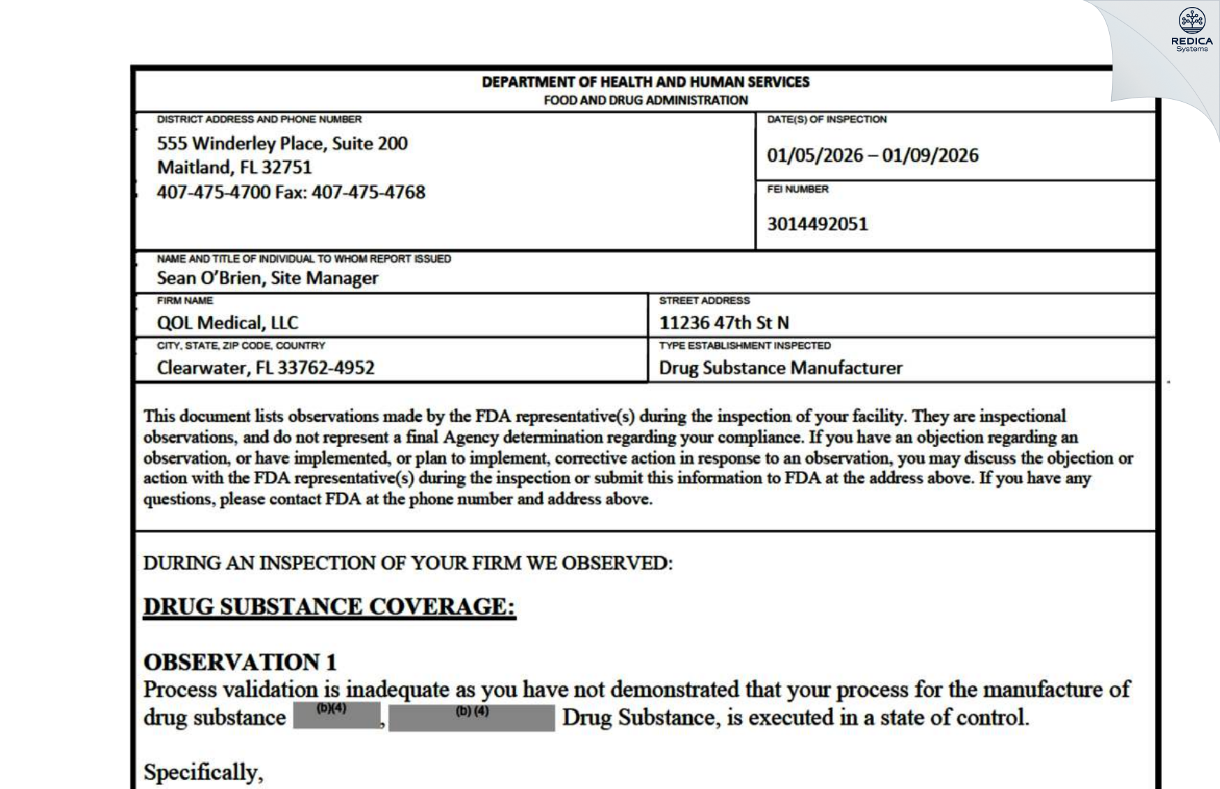FDA 483 - QOL Medical, LLC [Clearwater / United States of America] - Download PDF - Redica Systems