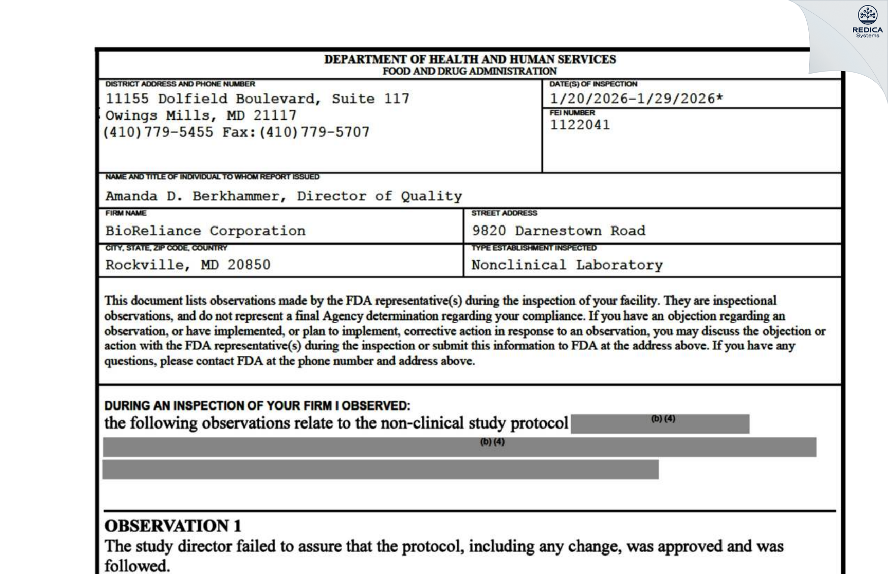 FDA 483 - BioReliance Corporation [Rockville / United States of America] - Download PDF - Redica Systems