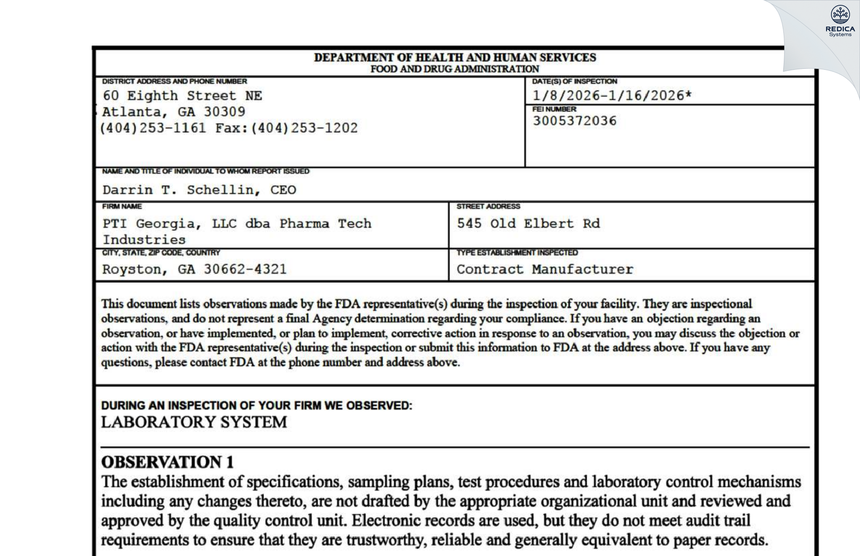 FDA 483 - PTI Royston, LLC [Royston / United States of America] - Download PDF - Redica Systems