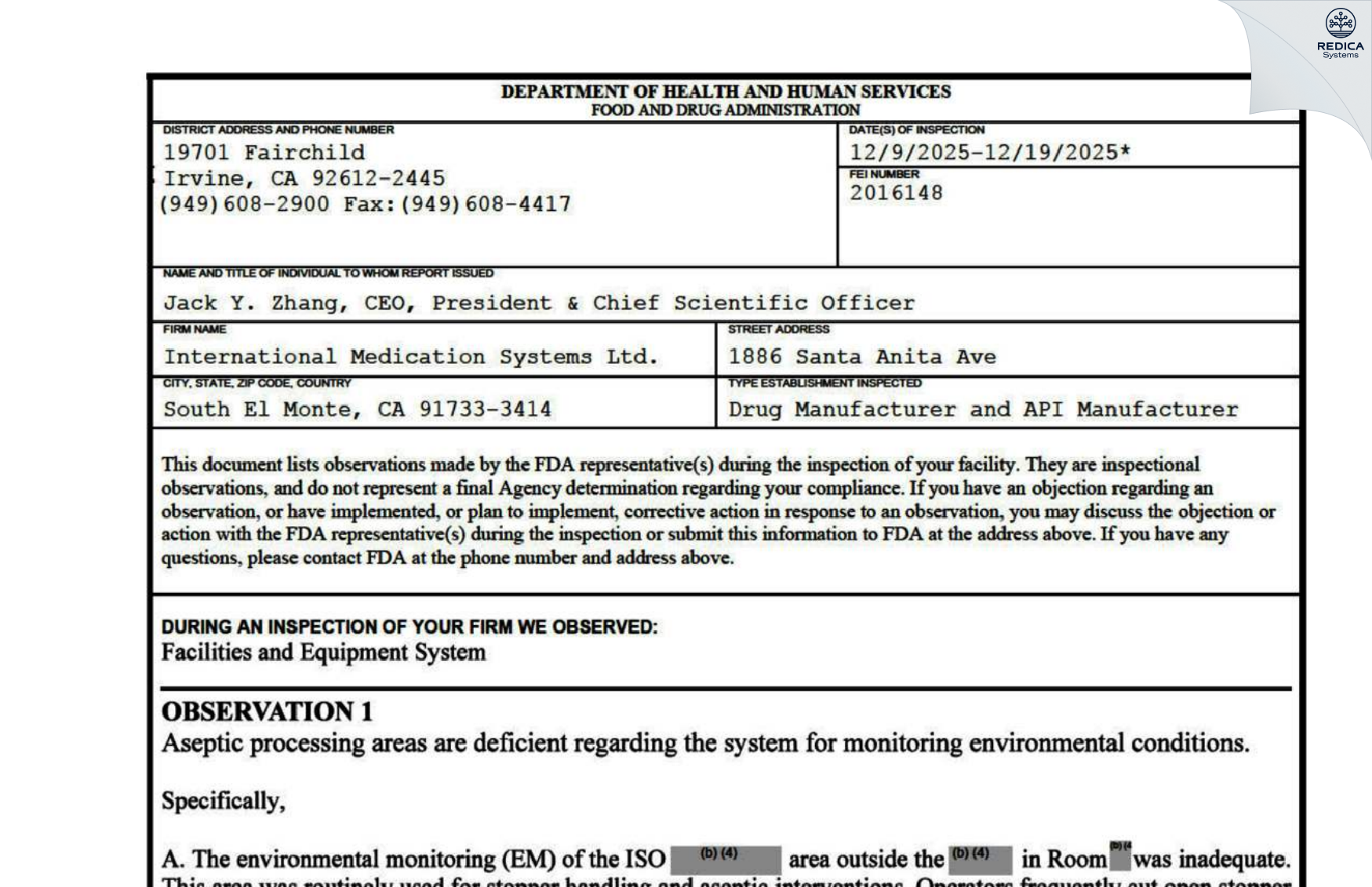 FDA 483 - International Medication Systems, Ltd. [South El Monte / United States of America] - Download PDF - Redica Systems