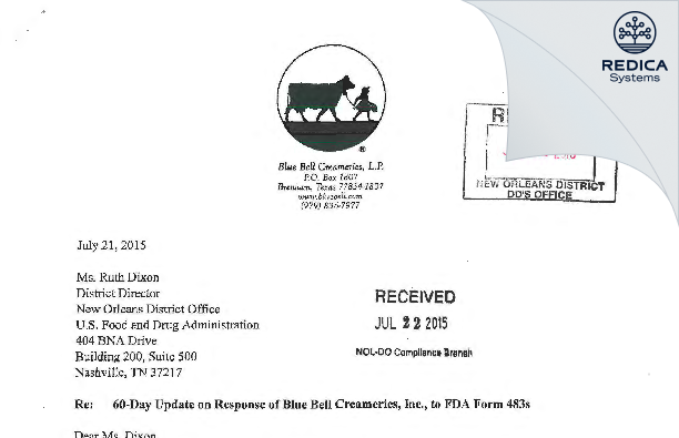 FDA 483 Response - Blue Bell Creameries Inc L.P [Sylacauga / United States of America] - Download PDF - Redica Systems