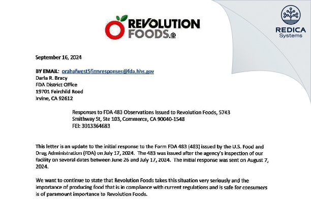 FDA 483 Response - Revolution Foods, PBC [Commerce / United States of America] - Download PDF - Redica Systems