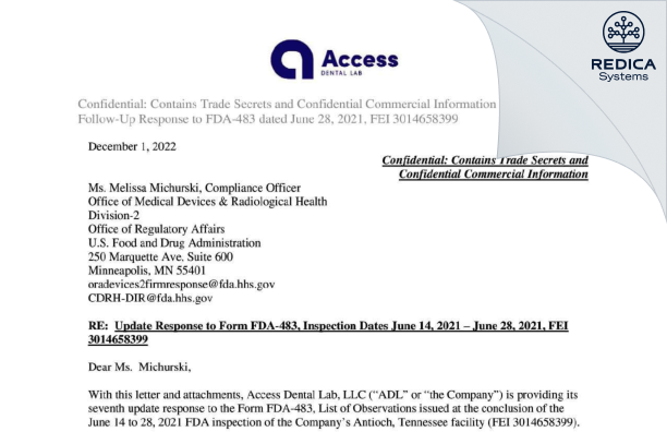FDA 483 Response - Access Dental Lab, LLC [Antioch / United States of America] - Download PDF - Redica Systems