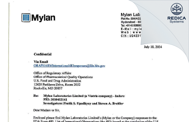 FDA 483 Response - Mylan Laboratories Limited [Dhar Sub-District / India] - Download PDF - Redica Systems