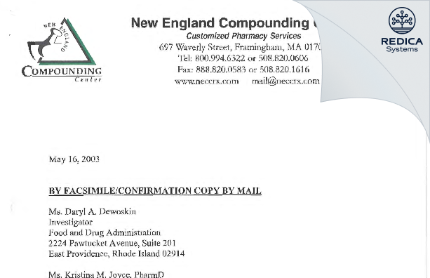 FDA 483 Response - New England Compounding Pharmacy, Inc. [Framingham / United States of America] - Download PDF - Redica Systems