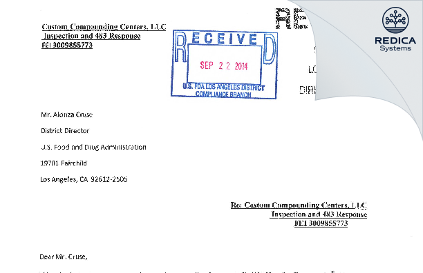 FDA 483 Response - Custom Compounding Centers, LLC [Los Alamitos / United States of America] - Download PDF - Redica Systems