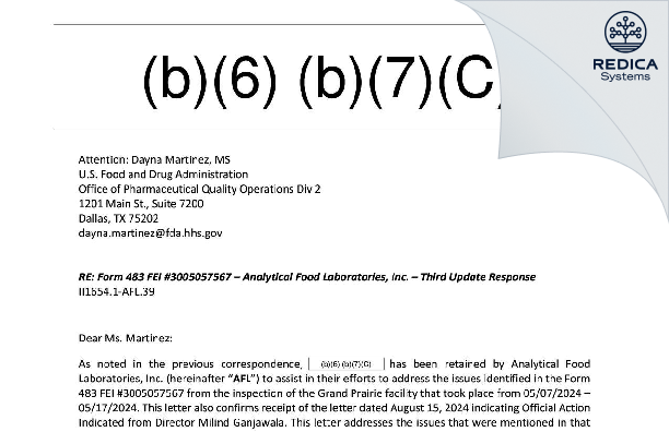FDA 483 Response - Analytical Food Laboratories [Grand Prairie / United States of America] - Download PDF - Redica Systems