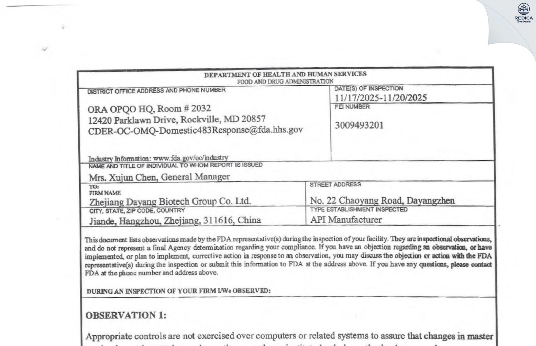 FDA 483 - Zhejiang Dayang Biotech Group Co. Ltd. [Dayang / China] - Download PDF - Redica Systems