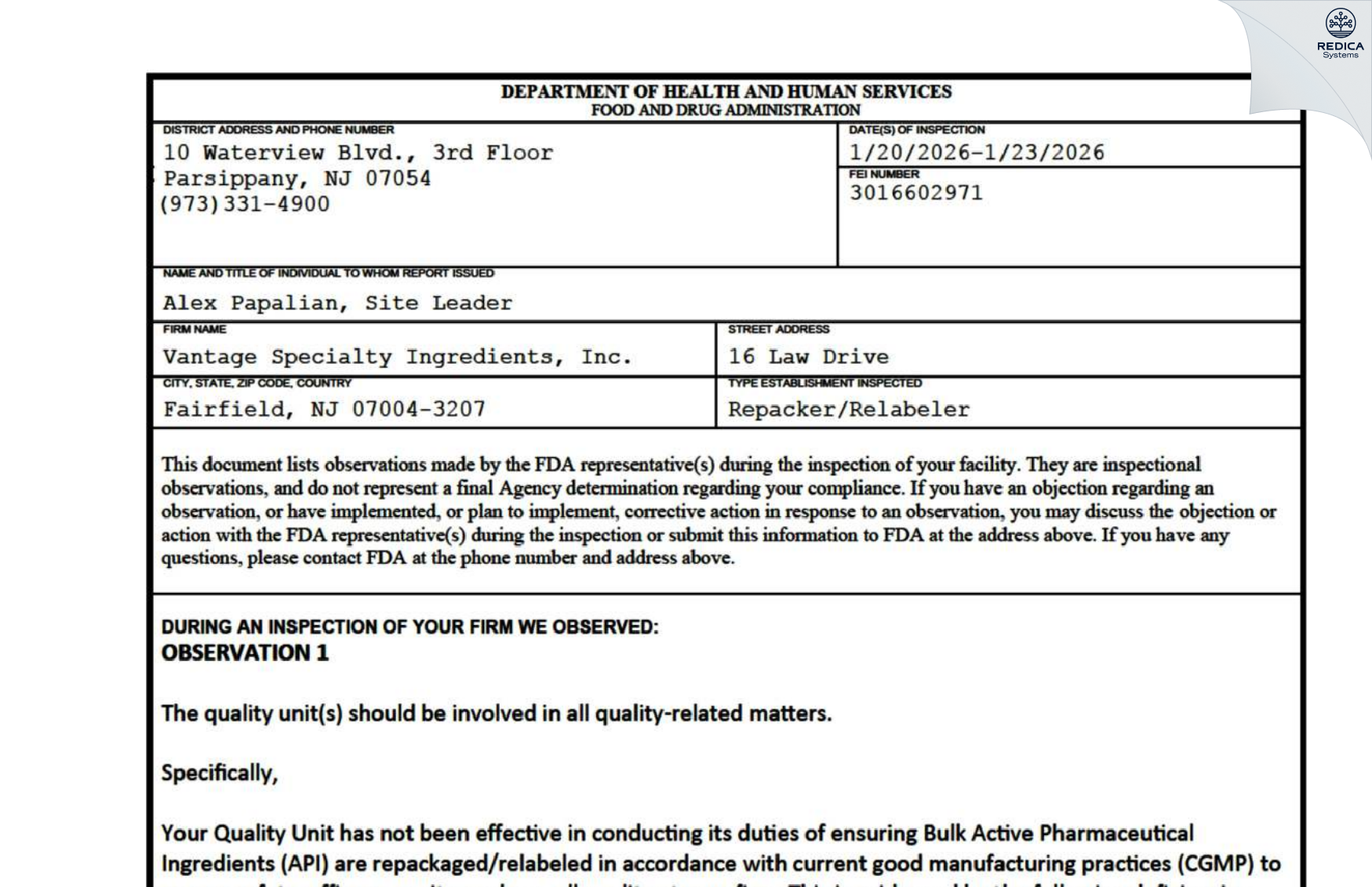 FDA 483 - Vantage Specialty Ingredients, Inc. [Fairfield / United States of America] - Download PDF - Redica Systems