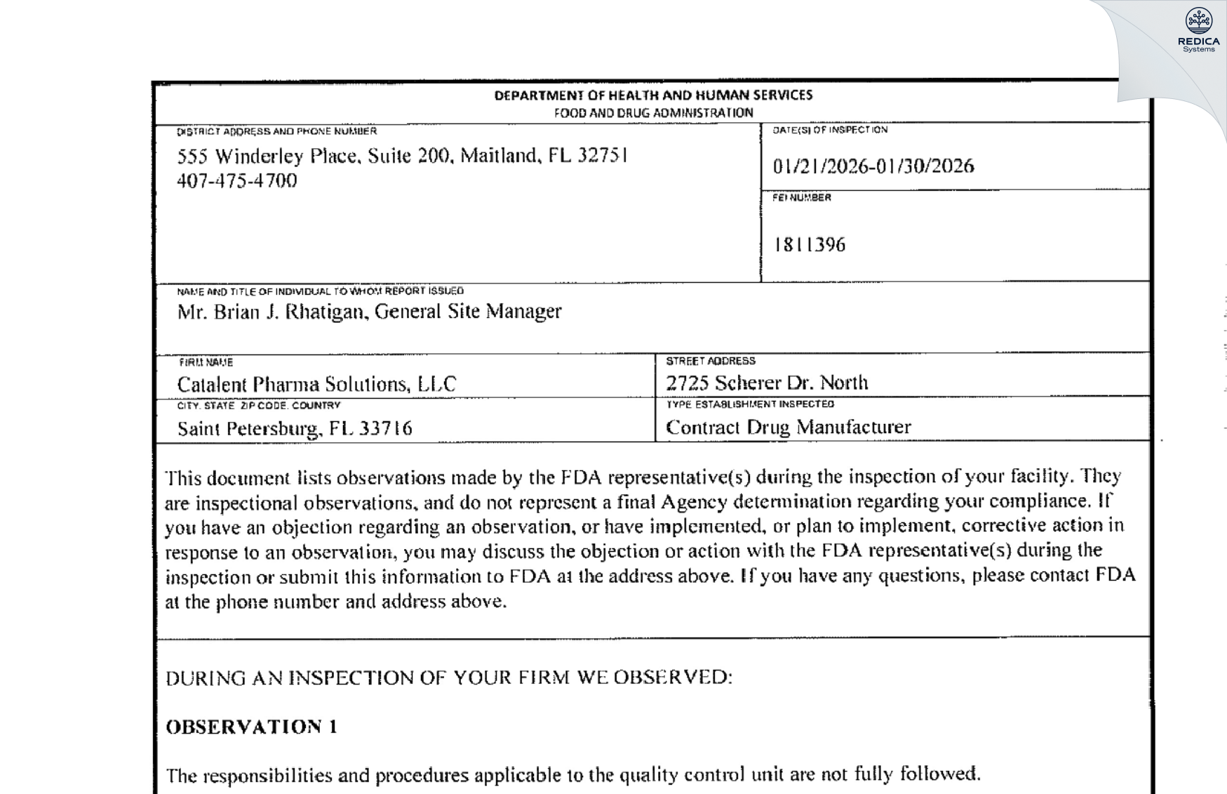FDA 483 - Catalent Pharma Solutions, LLC [Saint Petersburg / United States of America] - Download PDF - Redica Systems