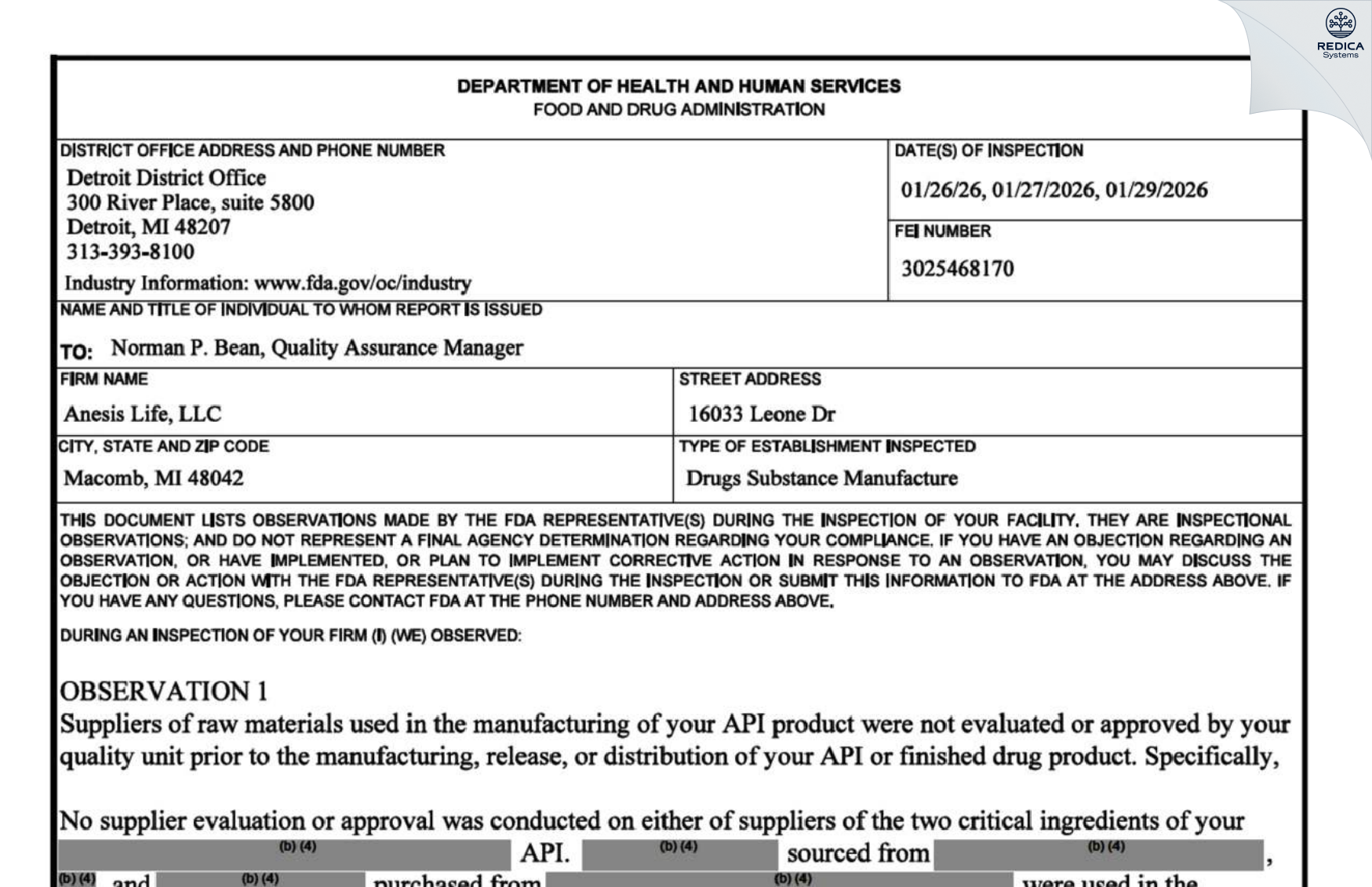 FDA 483 - Anesis Life, LLC [Macomb / United States of America] - Download PDF - Redica Systems