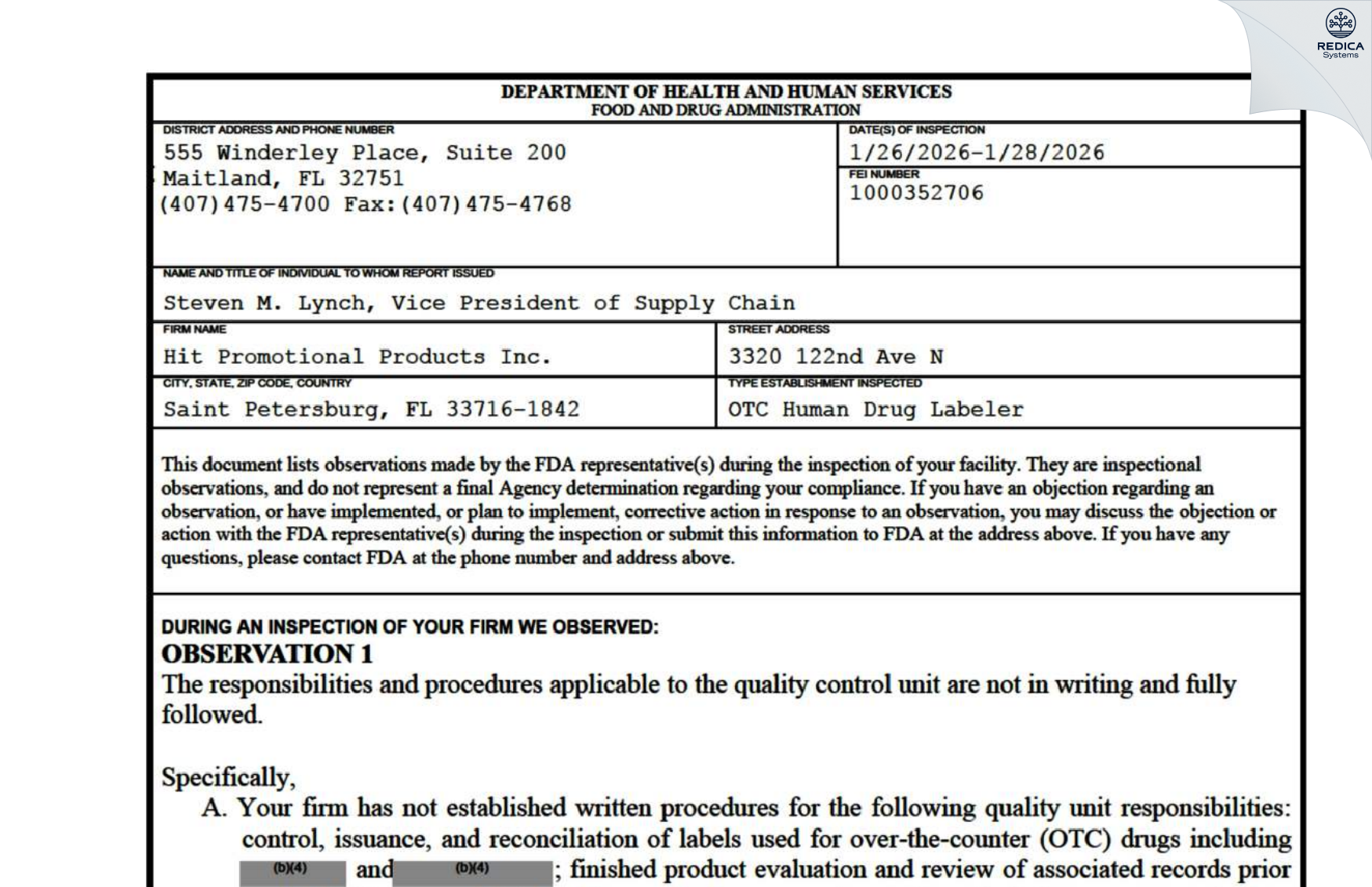 FDA 483 - Hit Promotional Products, Inc. [Saint Petersburg / United States of America] - Download PDF - Redica Systems