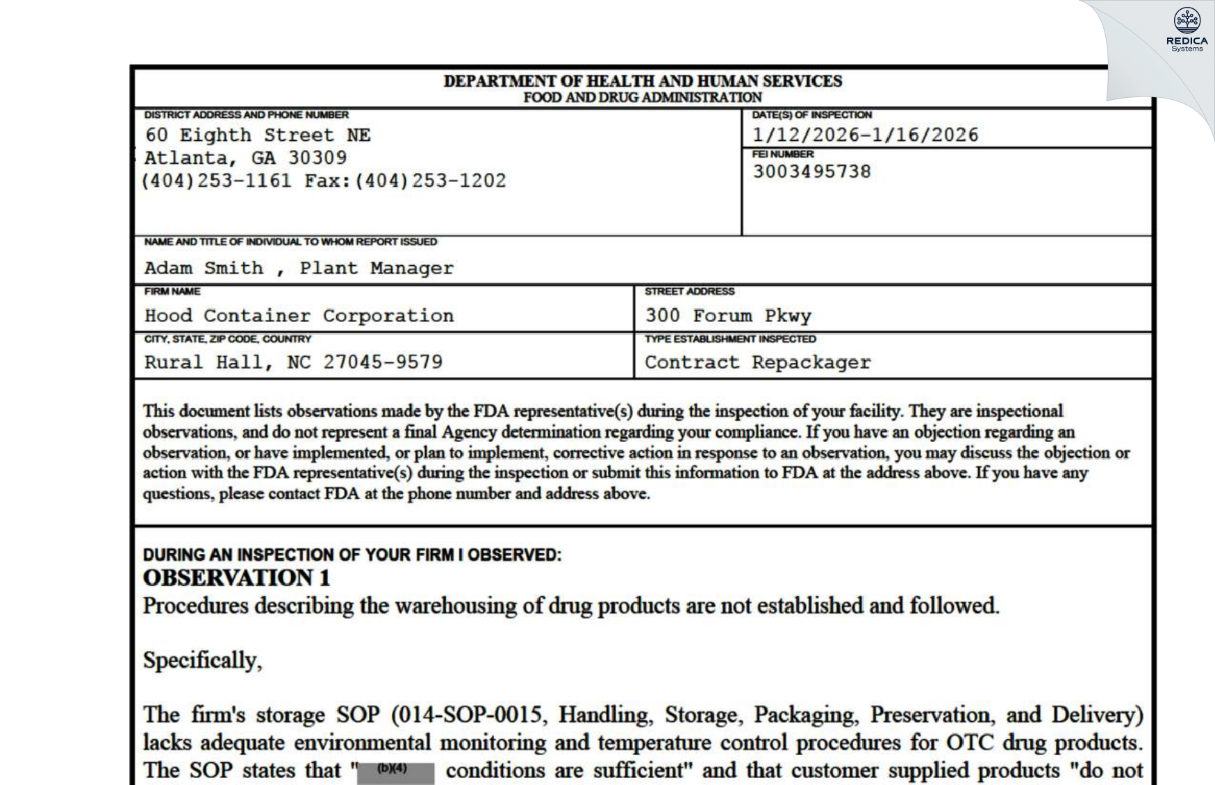 FDA 483 - Hood Container Corporation [Rural Hall / United States of America] - Download PDF - Redica Systems