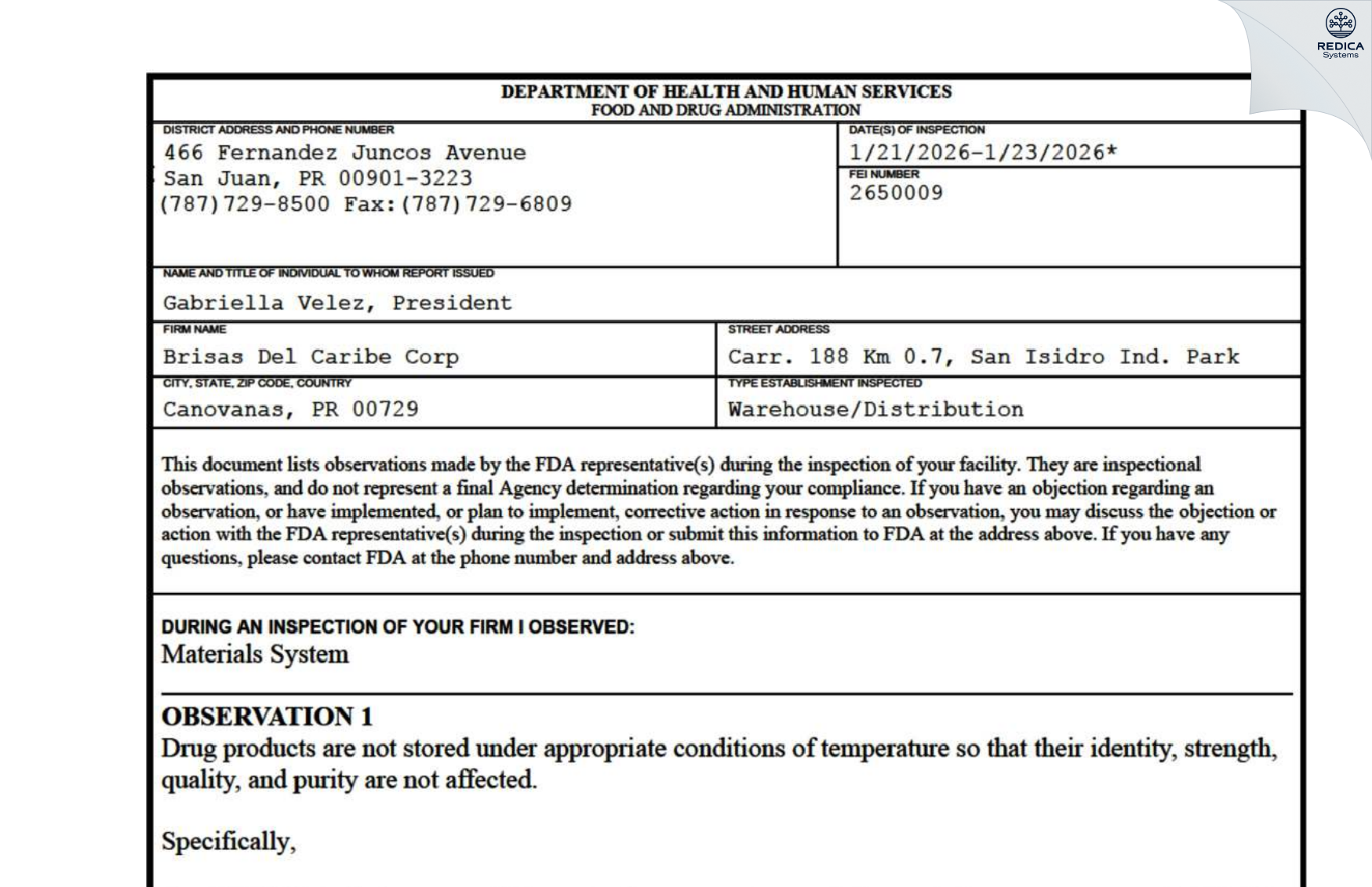 FDA 483 - Brisas del Caribe Corp. [Canovanas / Puerto Rico] - Download PDF - Redica Systems