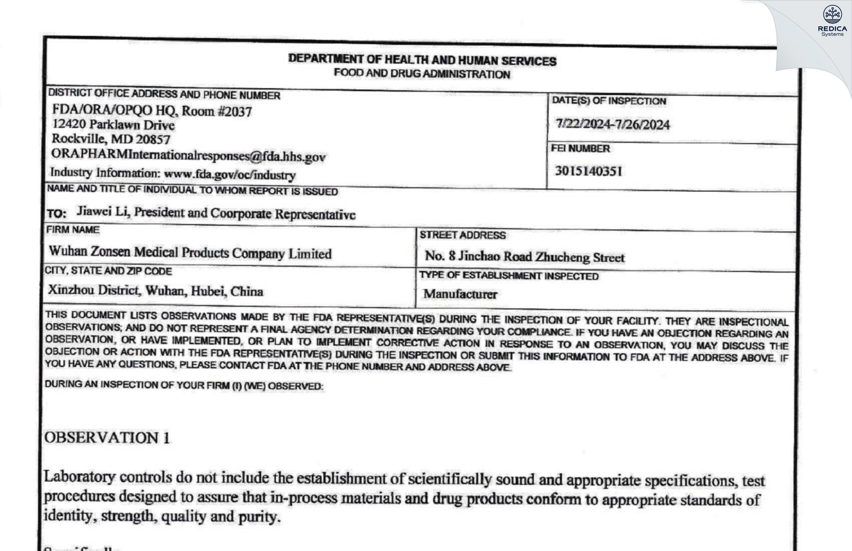 FDA 483 - Wuhan Zonsen Medical Products Co., Ltd. [Wuhan / China] - Download PDF - Redica Systems