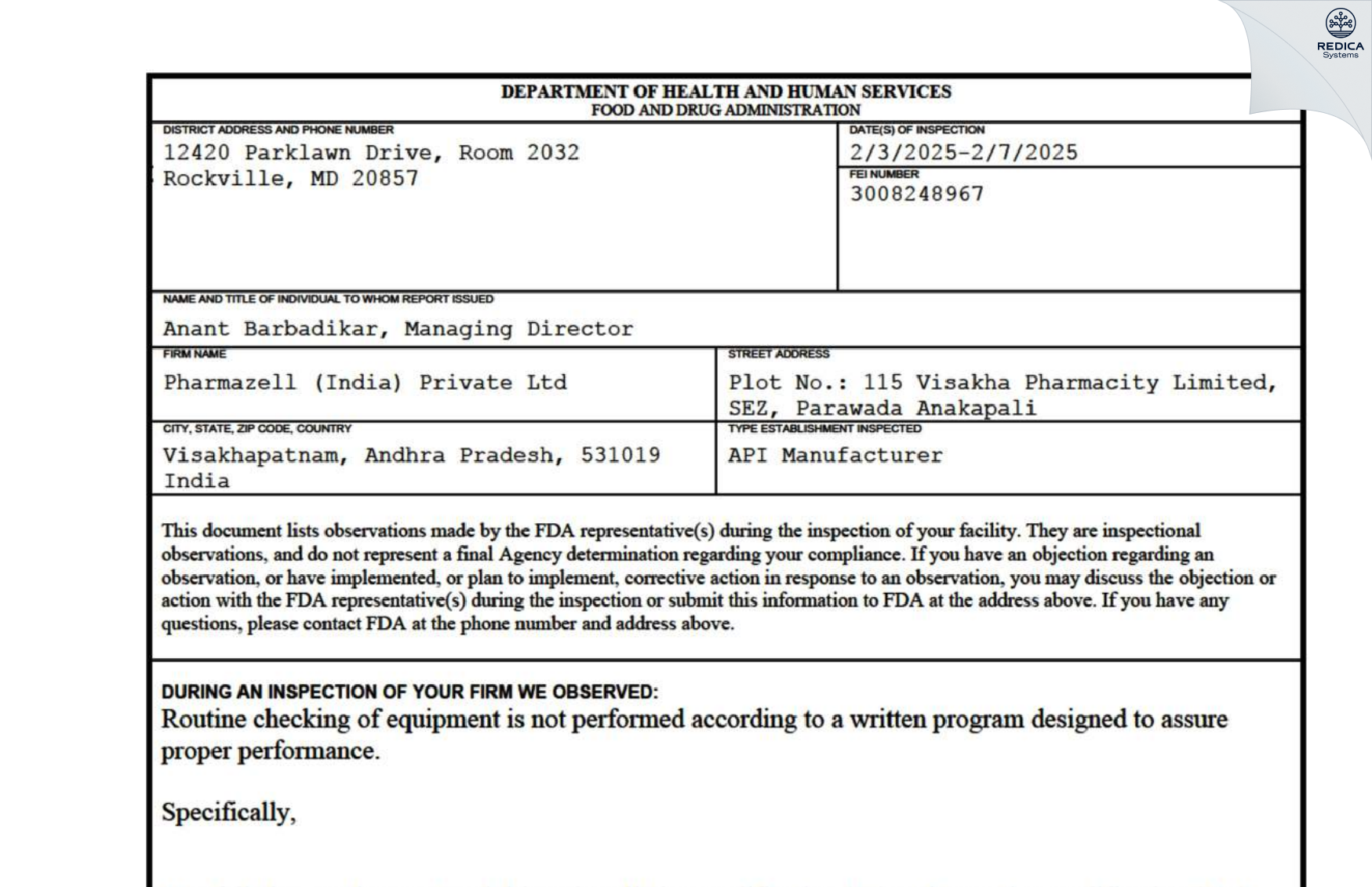 FDA 483 - PharmaZell (India) Private Limited [Paravada / India] - Download PDF - Redica Systems