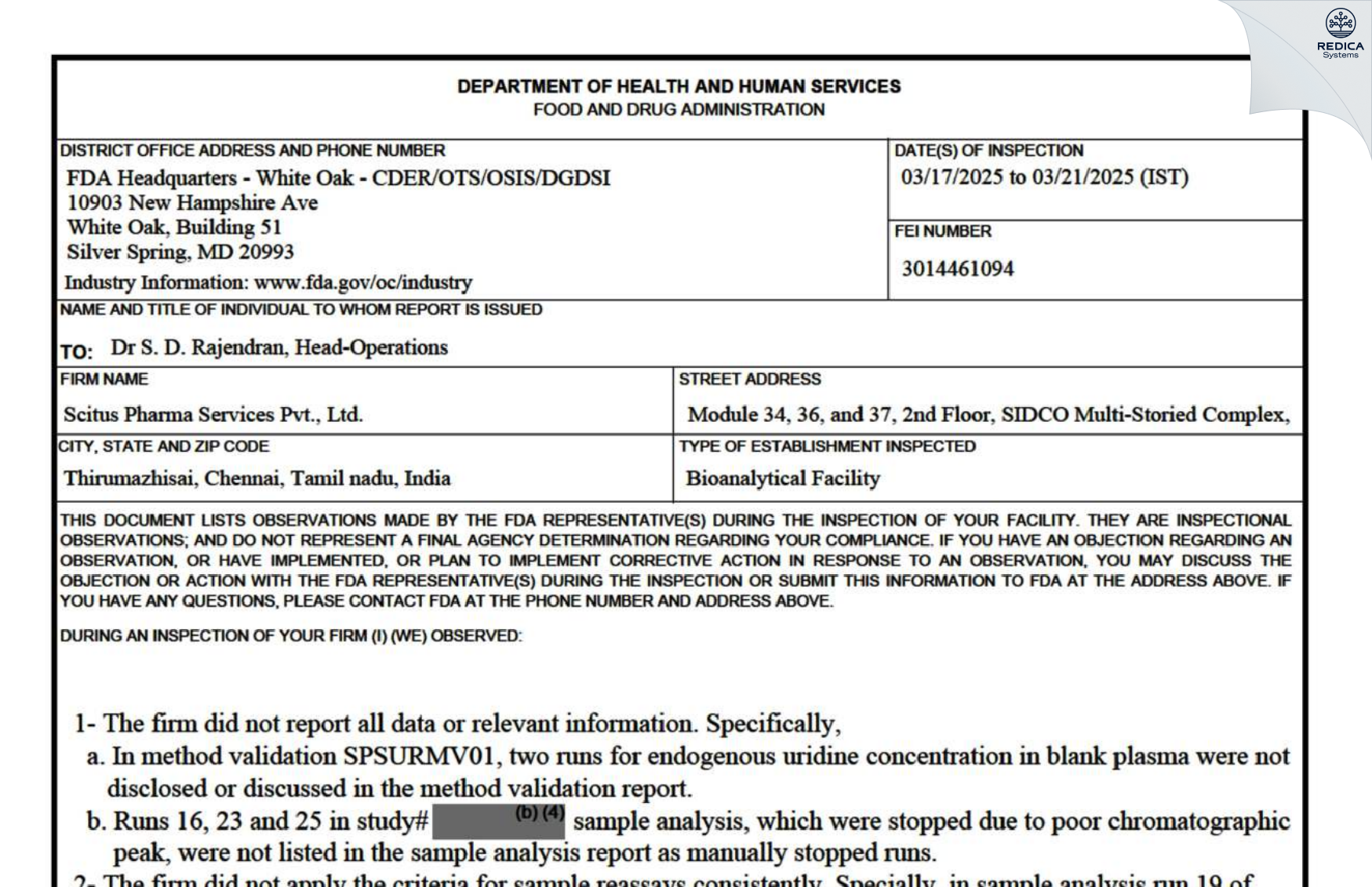 FDA 483 - SCITUS PHARMA SERVICES PRIVATE LIMITED [Chennai / India] - Download PDF - Redica Systems