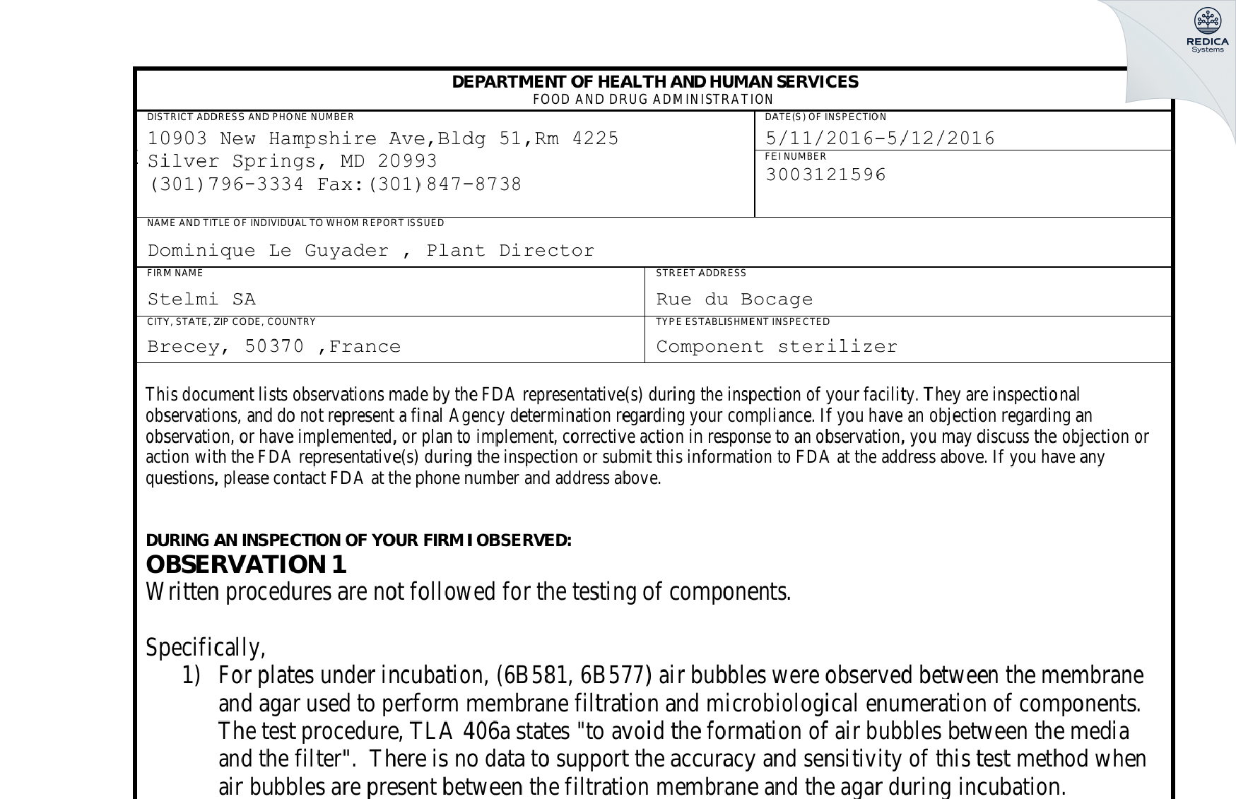 FDA 483 - Stelmi SA [Brécey / France] - Download PDF - Redica Systems