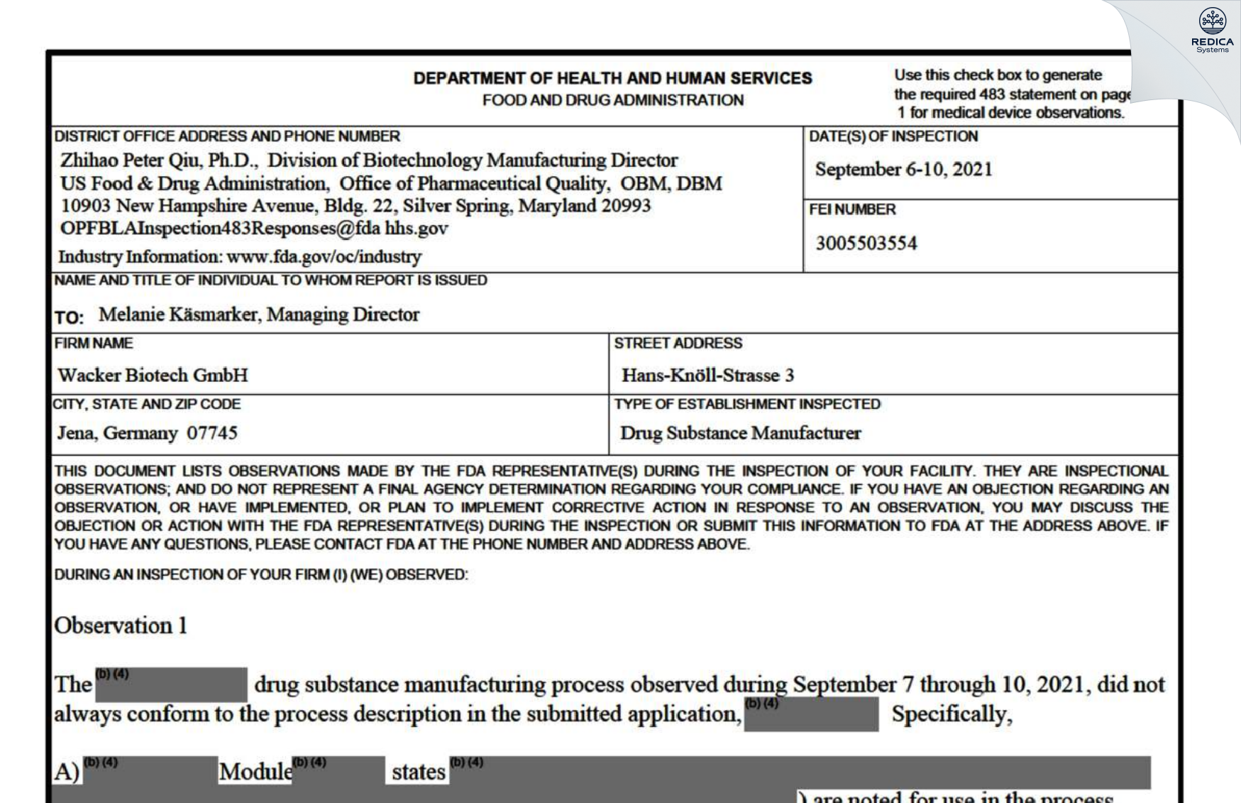 FDA 483 - Wacker Biotech GmbH [Jena / Germany] - Download PDF - Redica Systems