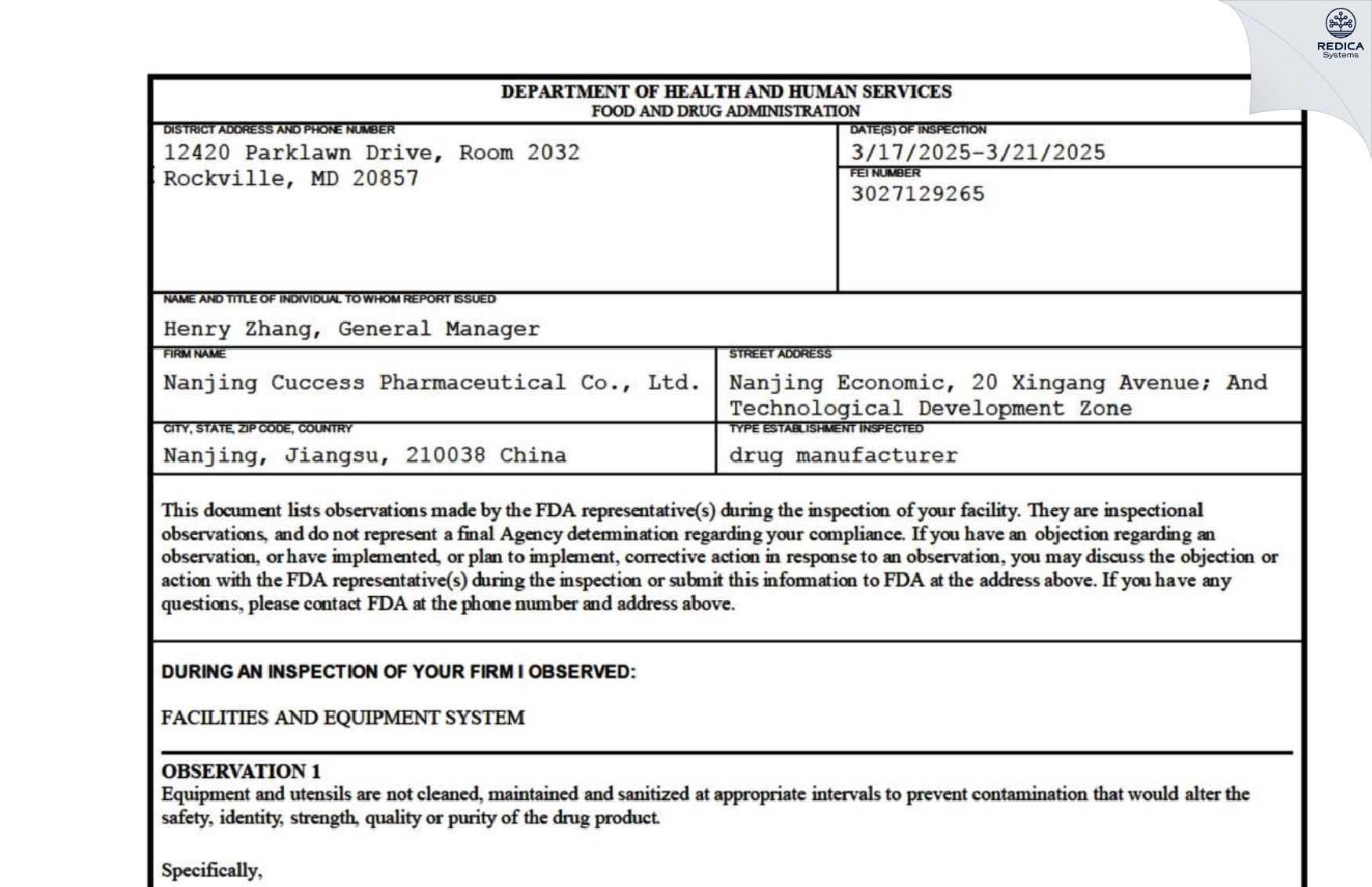 FDA 483 - Nanjing Cuccess Pharmaceutical Co., Ltd. [Nanjing / China] - Download PDF - Redica Systems