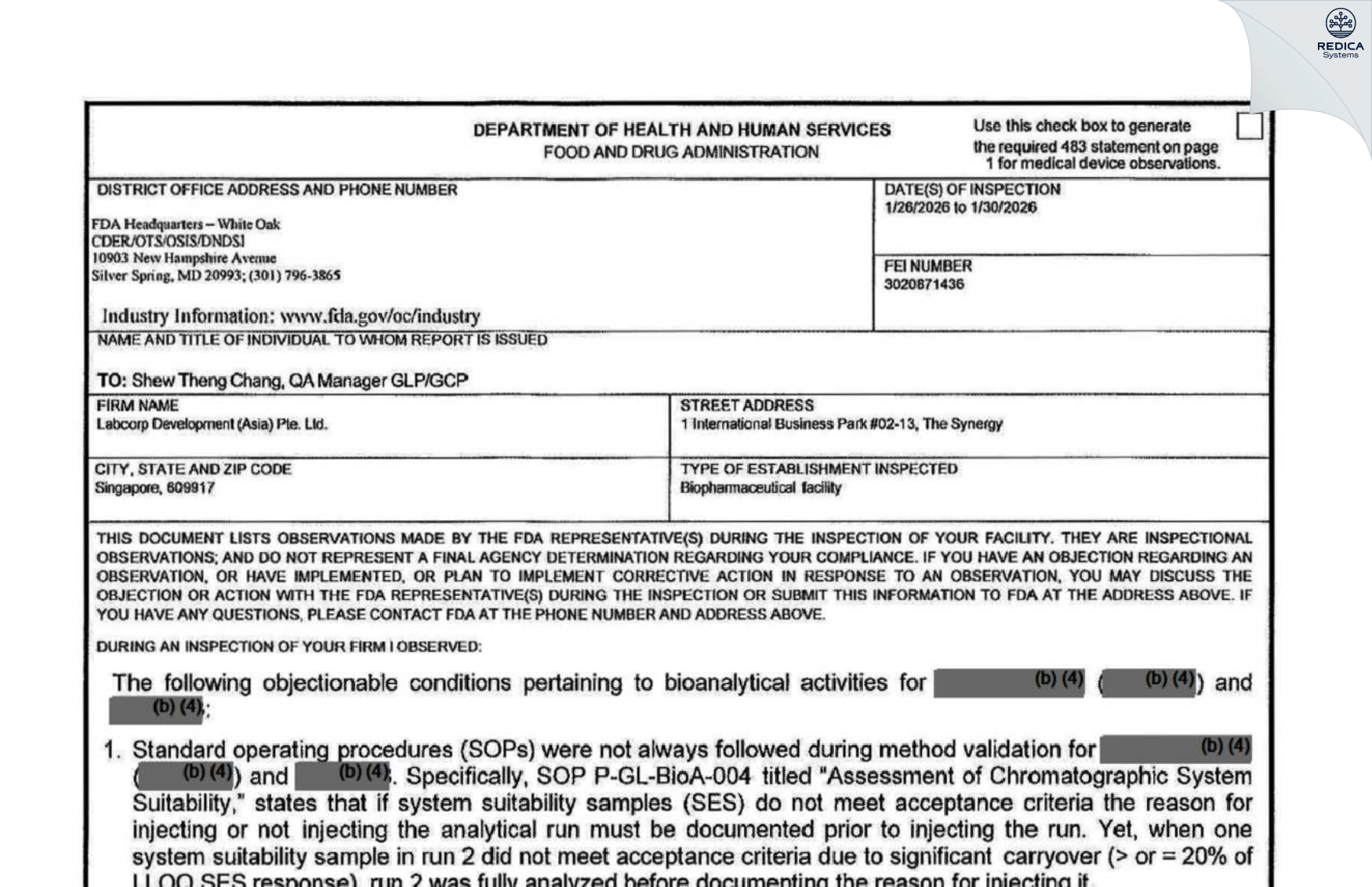 FDA 483 - Labcorp Development (Asia) Pte. Ltd [Singapore / Singapore] - Download PDF - Redica Systems