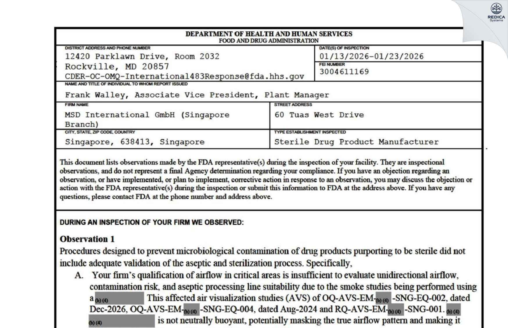 FDA 483 - MSD International GmbH (Singapore Branch) [Singapore / Singapore] - Download PDF - Redica Systems
