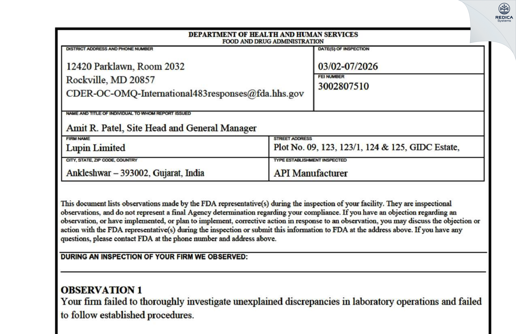 FDA 483 - Lupin Laboratories, Ltd. [Anantapur / India] - Download PDF - Redica Systems
