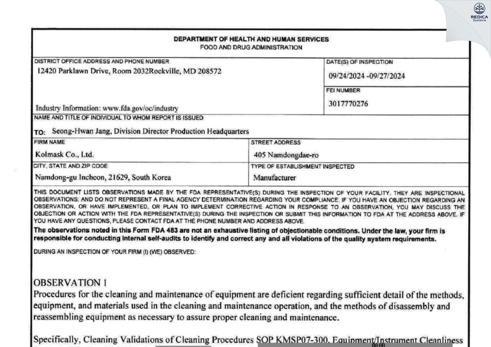 FDA 483 - Kolmask Co., Ltd. [Incheon / Korea (Republic of)] - Download PDF - Redica Systems