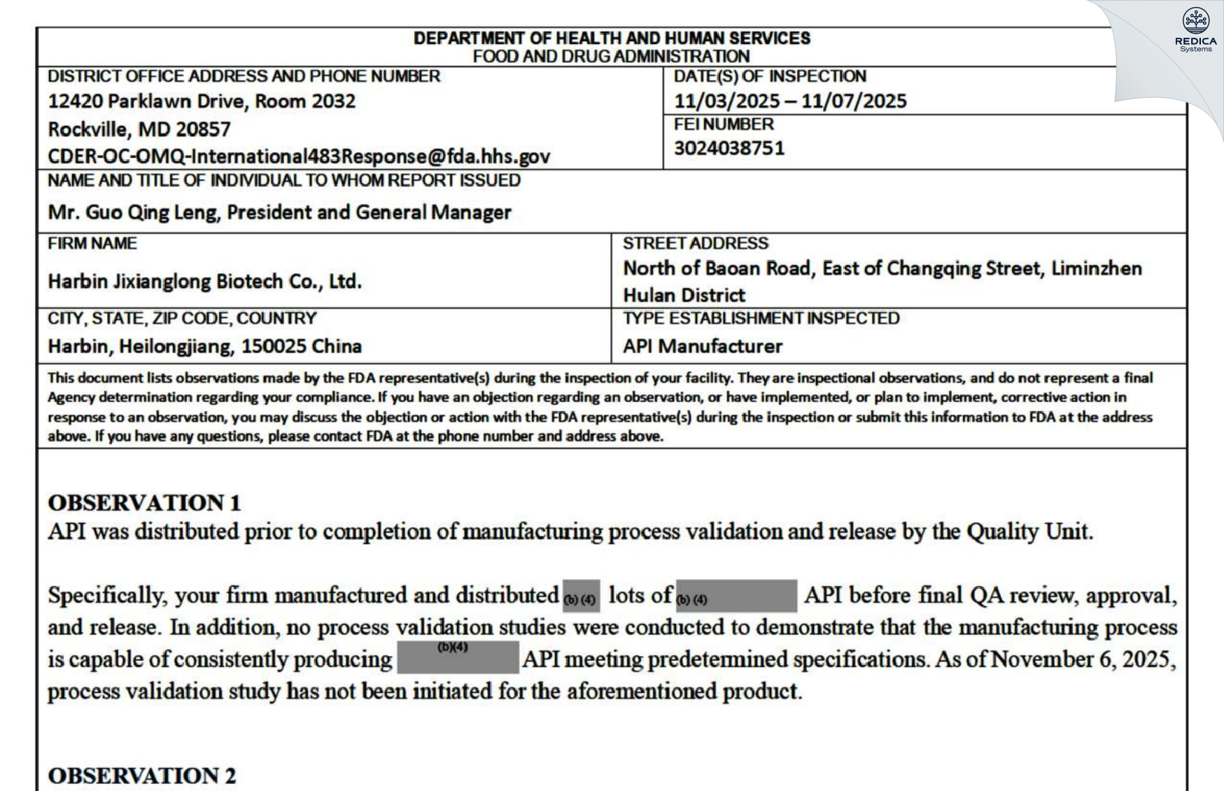 FDA 483 - Harbin Jixianglong Biotech Co., Ltd. [Harbin / China] - Download PDF - Redica Systems