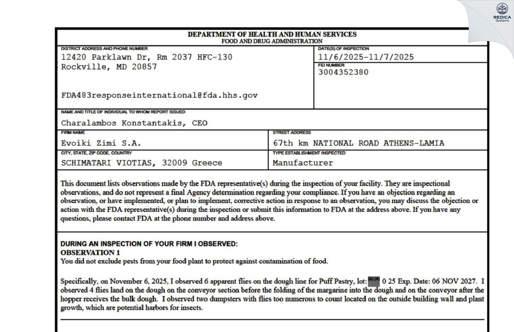 FDA 483 - Evoiki Zimi S.A. [Tanagra / Greece] - Download PDF - Redica Systems