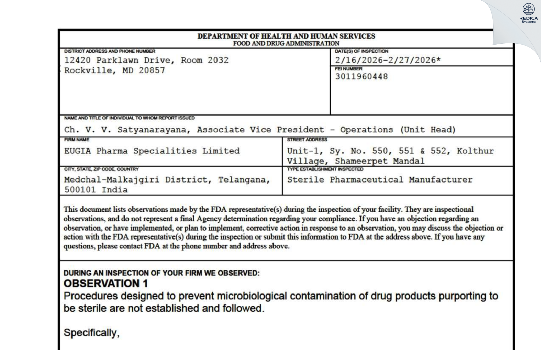 FDA 483 - EUGIA Pharma Specialities Limited [Malkajgiri / India] - Download PDF - Redica Systems