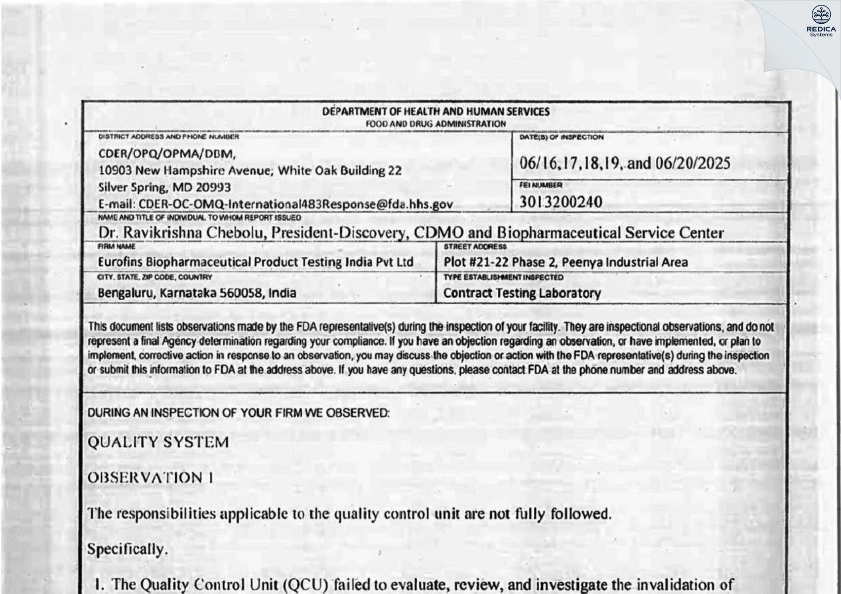 FDA 483 - Eurofins BioPharma Product Testing India Private Limited [Chennai / India] - Download PDF - Redica Systems