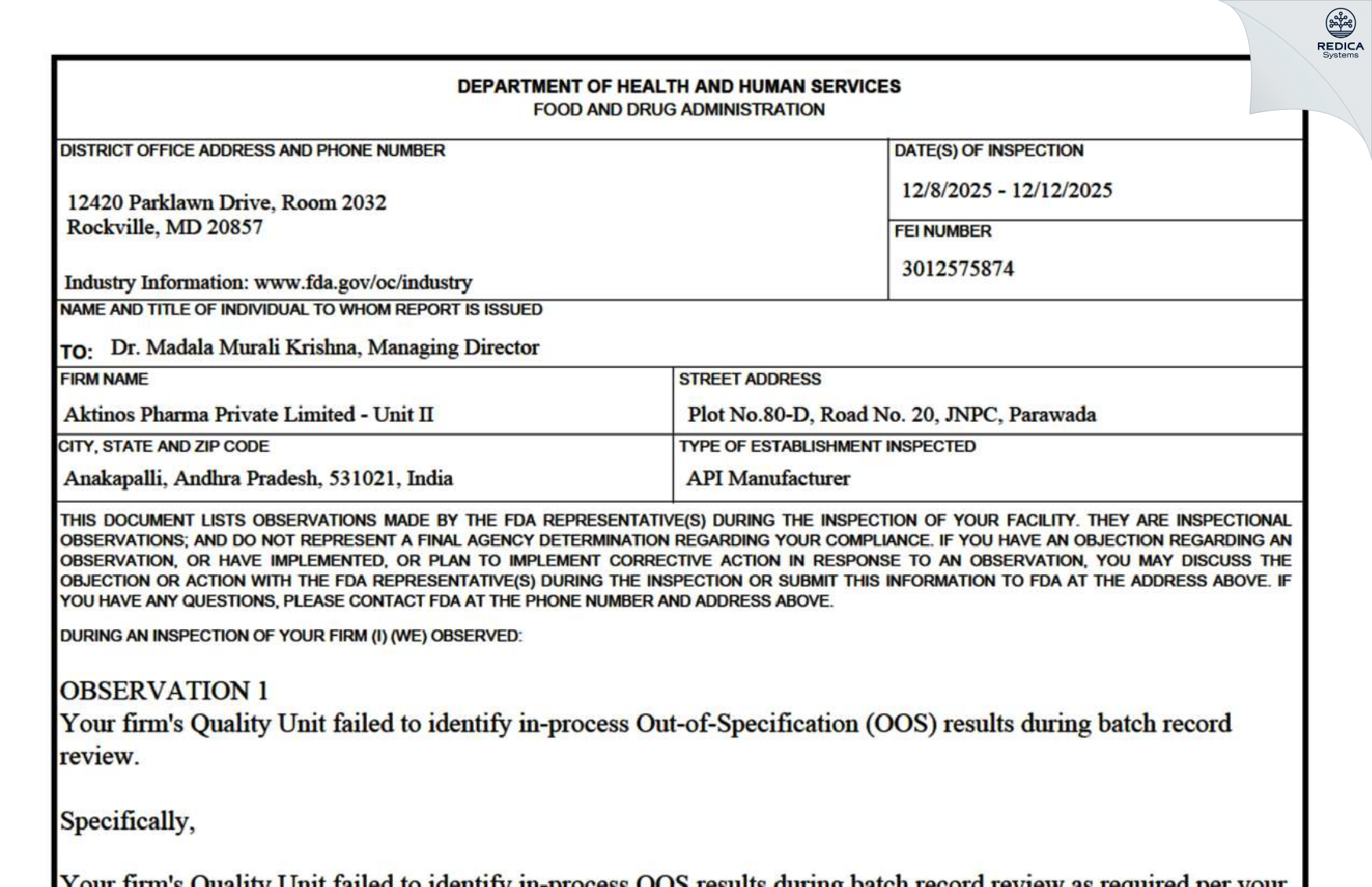 FDA 483 - AKTINOS PHARMA PRIVATE LIMITED [Visakhapatnam / India] - Download PDF - Redica Systems