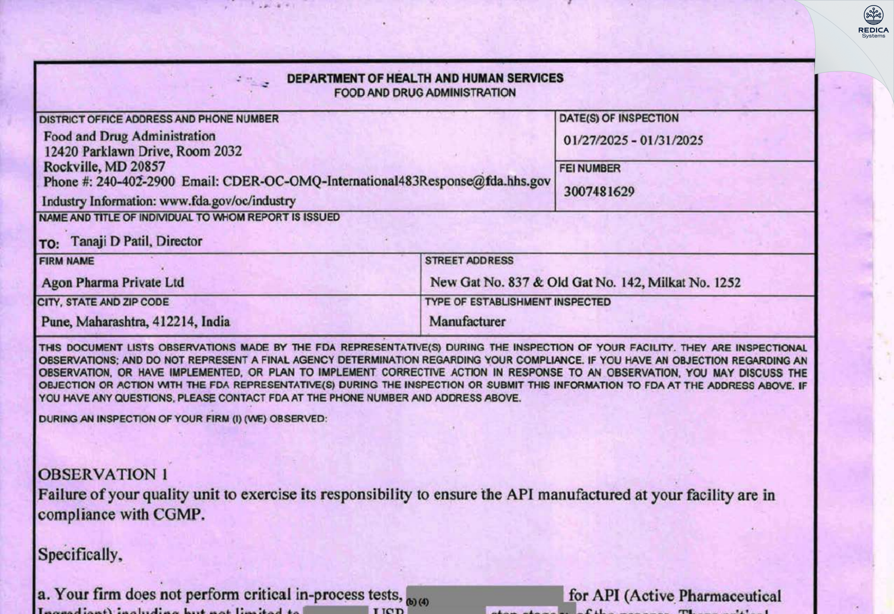 FDA 483 - AGON PHARMA PRIVATE LIMITED [Pune / India] - Download PDF - Redica Systems