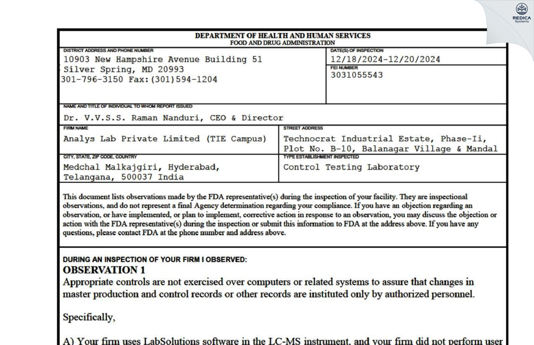 FDA 483 - Analys Lab Private Limited [Moosapet / India] - Download PDF - Redica Systems