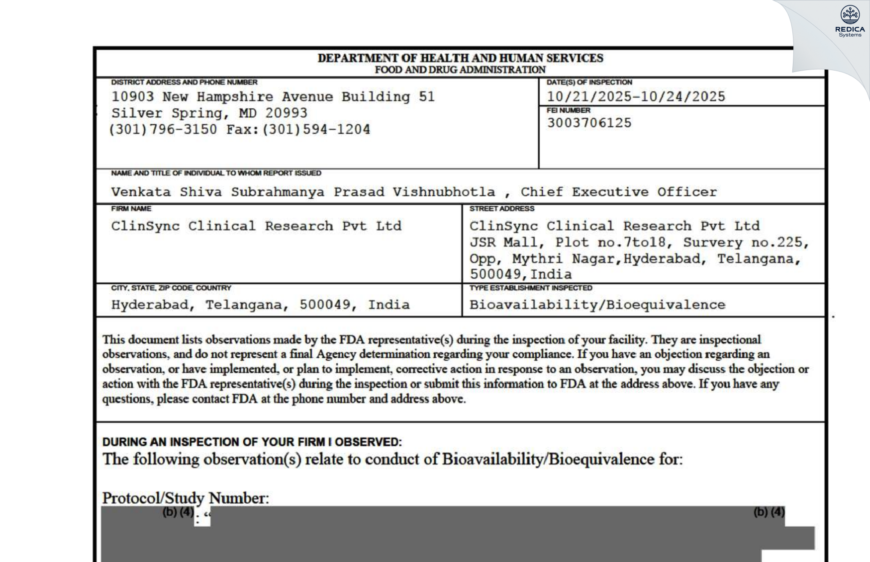 FDA 483 - ClinSync Clinical Research Pvt Ltd [Hyderabad / India] - Download PDF - Redica Systems