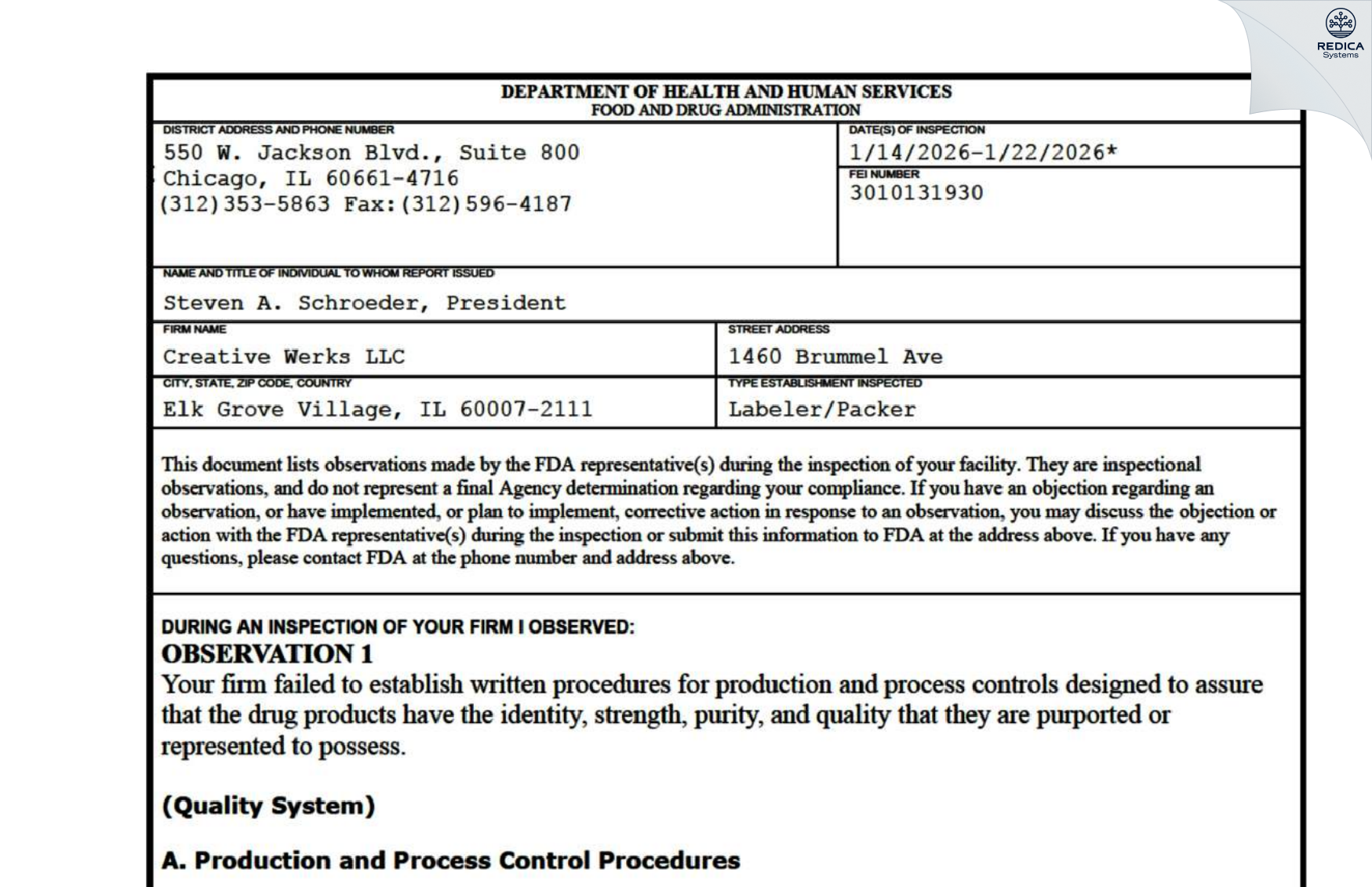 FDA 483 - creative werks, LLC [Elk Grove Village / United States of America] - Download PDF - Redica Systems