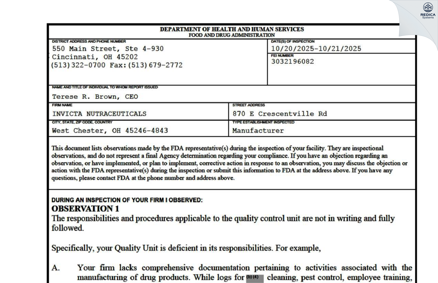 FDA 483 - Invicta Nutraceuticals LLC [West Chester / United States of America] - Download PDF - Redica Systems