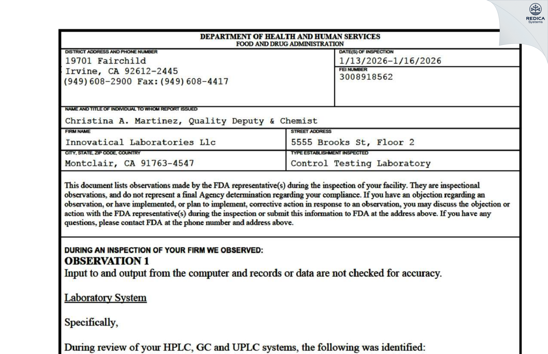 FDA 483 - Innovatical Laboratories LLC [Montclair / United States of America] - Download PDF - Redica Systems